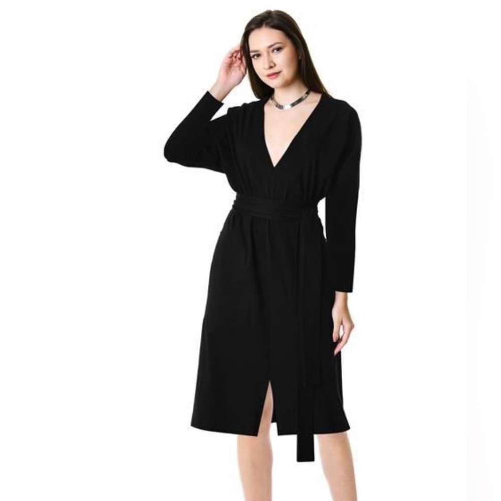 Black dolman sleeve belted dress